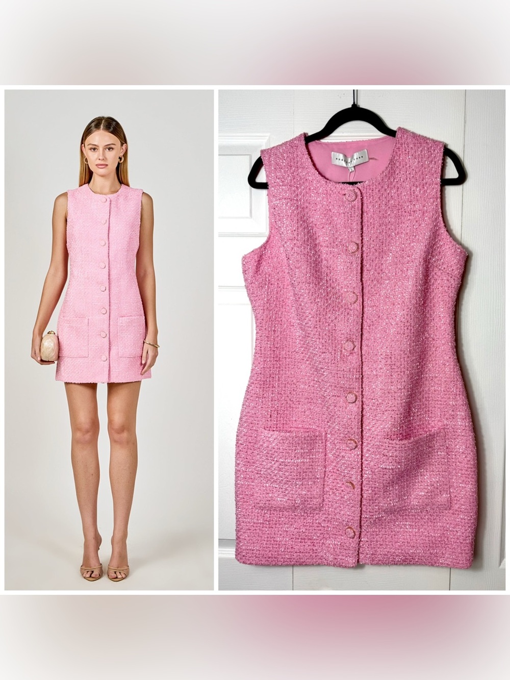 Endless Rose Pink Tweed Mini Dress Sleeveless Button Front Pockets Size Large